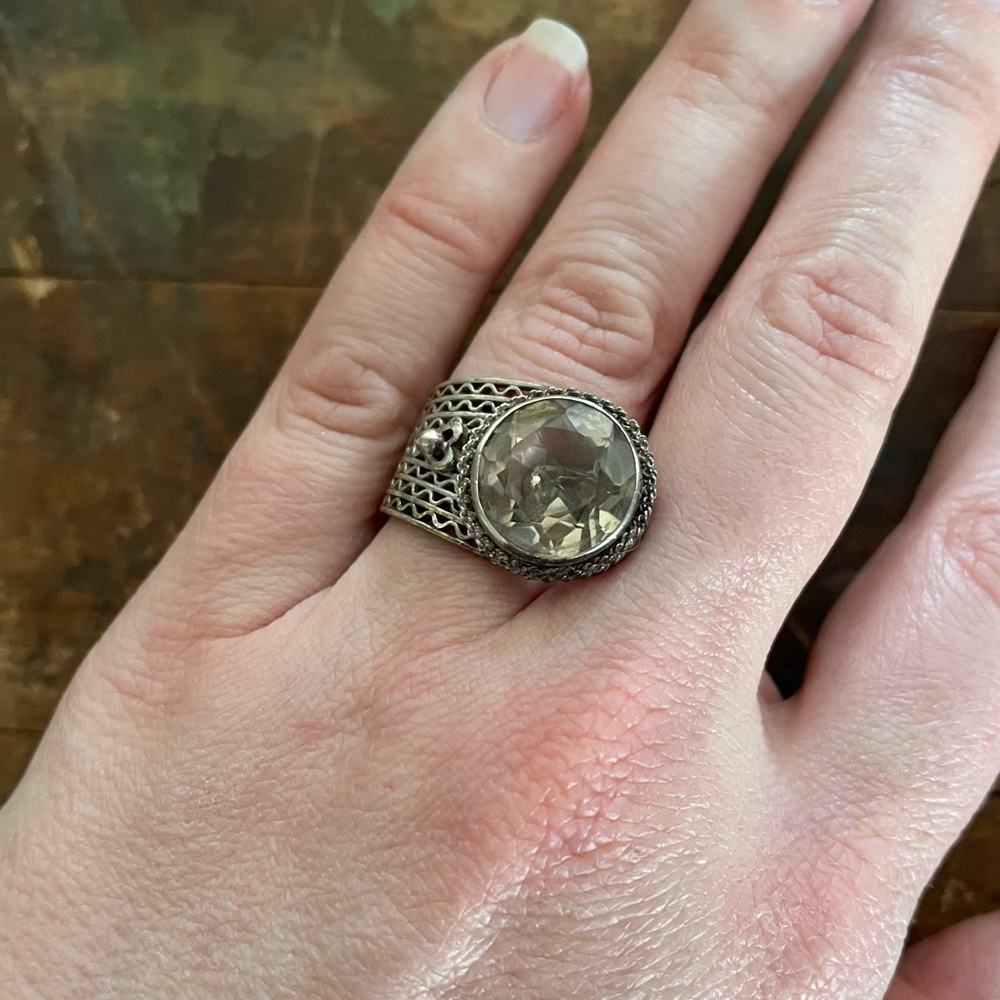Vintage deco ring silver mesh with smoky quartz stone
